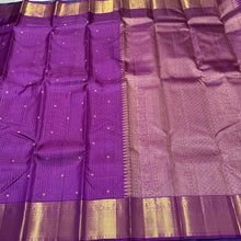 Vadamalli Purple with Gold Jari Oosi checks with buttas Handwoven Pure Jari Kanjivaram Silk Saree Beauty