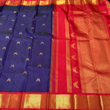 Vaibhogam- Navy Blue with Red Handwoven Pure Jari Korvai Kanjivaram Silk with Rettaikili buttas woven beautiful body with rich borders gorgeous rettaikili buttas woven rich pallu and contrast woven beautiful blouse