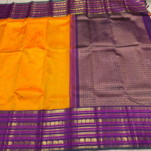 Vaibhogam- Stunning Mambazha Orange (Mango Orange) with Deep Purple Varisaipet Borders with Buttas Handwoven Pure Jari Korvai Kanjivaram Silk with stunning borders rich lakshadeepam style woven pallu and contrast woven beautiful blouse