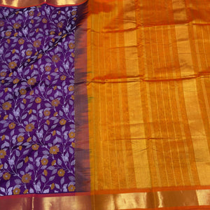 Purple with Orange Handwoven Pure Kanjivaram Silkcotton with Hand Pichwai Block Printed Saree Beauty