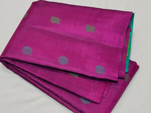 Gorgeous Purple with Turquoise Blue and Parrot Green Handwoven Pure Kanjivaram Silk with Pattu Buttas Woven body with double colored pallu and contrast zari striped parrot green blouse