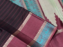Stunning Black with Teal and Brown Handwoven Pure Zariless Kanjivaram Silk with beautiful borders striped body rich pallu and buttas woven blouse