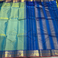 Pastel Green with Peacock Blue Handwoven Pure Jari Kanjivaram Silk Saree with beautiful borders rust selvedges rich pallu and contrast woven blouse