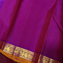 Nayaki- Deep Maroonish Brown  with Magenta and Purple Short  combo in a beautiful Handwoven Small Borders Pure Jari Kanjivaram Silk Saree with paisleys and peacocks woven borders rich seer pallu and contrast woven blouse
