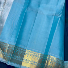 Sarasangi-Gorgeous Deep Peacock Blue with Soft Baby Blue Combination in a Handwoven Pure Jari Korvai Kanjivaram Silk with beautiful borders rich seer pallu and contrast woven blouse