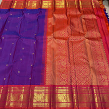 Sahana- Gorgeous Purple with Dual tone Orange Pink Handwoven Pure Jari Kanjivaram Silk with mayil chakram buttas woven body with rich elephants woven borders gorgeous pallu and contrast woven blouse