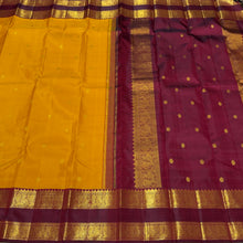 Vaibhogam- Gorgeous Mustard with Deep Maroon Buttas Handwoven Pure Jari Korvai Kanjivaram Silk with Doublepet borders rich pallu and contrast woven blouse