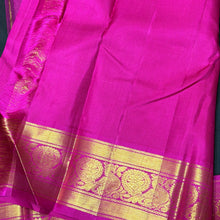 Vaibhogam-Gorgeous Black with Mustard and Rani Pink Ganga Jamuna borders Handwoven Pure Jari Korvai Kanjivaram Silk with Buttas woven beautiful body rich borders pallu and contrast blouse. A stunner for this wedding season !