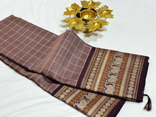 Light Brown with Dark Brown Checks with Sorgavasal Pallu Varisai Borders Handwoven Pure Zariless Kanchipuram Silk Saree Beauty
