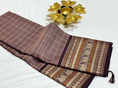 Light Brown with Dark Brown Checks with Sorgavasal Pallu Varisai Borders Handwoven Pure Zariless Kanchipuram Silk Saree Beauty