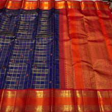 Vaibhogam-Gorgeous Deep Blue Orange Red Handwoven Pure Zari Kanijivaram Silk with rich jari checks and meena buttas woven beautiful body with rich borders pallu very intricately woven and contrast woven blouse