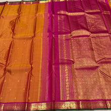 Sahana- Beautiful double tone Mustard with Magenta Shot Arakku Buttas Handwoven Pure Jari Kanjivaram Silk with green selvedges rich pallu and contrast woven blouse