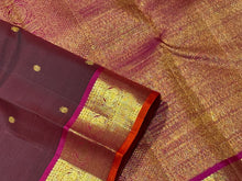 Chocolate Brown with Deep Magenta Buttas Handwoven Pure Jari Kanjivaram Silk Saree with rich Gandaberundas Woven Borders Pallu and Contrast woven blouse