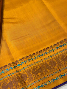 Elephant Grey with Mustard Zariless Handwoven Pure Korvai Kanjivaram Silk Saree buttas with temple borders