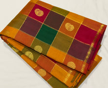 Saranga- Gorgeous Palum Pazhamum Checks with Buttas and Neli Veldhari checks woven beautiful body with small rudrakshas woven borders with rich pallu and contrast woven arakku blouse