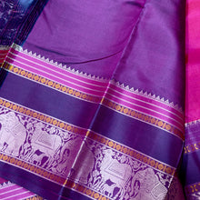 Saraswati- Gorgeous Pink with Purple Premium Zariless Korvai Kanjivaram Silk with beautiful buttas woven body ricy elephants and cows calf motifs woven borders beautiful vrishabha kunjaram pallu and contrast purple blouse