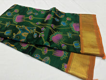 Bottle Green Mustard Handwoven Pure Kanjivaram Silkcotton with Hand Pichwai Block Printed Saree Beauty