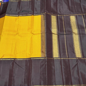 Yellow with Coffee Brown Podikattam with Long Borders Korvai Handwoven Pure Jari Kanjivaram Silk Saree Beauty