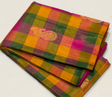 Saranga- Palum Pazhamum Checks with Buttas Vairaoosi Handwoven Pure Jari Borderless Kanjivaram Silk with rich pallu with Kalakshetra kili woven and contrast jari buttas woven blouse