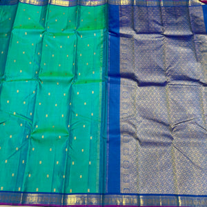 Peacock Green Blue with Blue Buttas Small borders Handwoven Pure Jari Kanjivaram Silk Saree Beauty