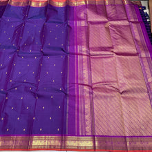 Sahana- Gorgeous Deep Purplish Blue with Magenta Purple Buttas Handwoven Pure Jari Kanjivaram Silk with rich small borders beautiful pallu and contrast woven blouse