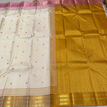 Sahana- Gorgeous Creamish White with Ganga Jamuna Pink and Mustard Rudrakshas woven beautiful borders rich golden mustard pallu and contrast golden mustard blouse