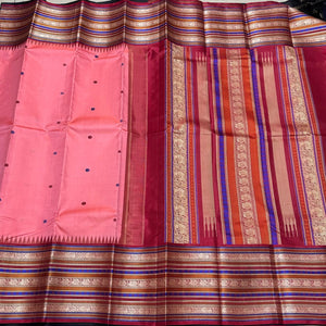 Peach with Burnt Red Buttas Handwoven Pure Korvai Zariless Varisaipet Long Border Kanjivaram Silk Saree Beauty