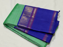Sarasangi- Beautiful Pastel Green with Royal Blue Handwoven Pure Jari Korvai Kanjivaram Silk with beautiful borders rich seer pallu and contrast woven blouse