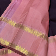 Sarasangi- Stunning Beetlenut Brown with Peachish Pink Handwoven Pure Jari Korvai Kanjivaram Silk with Classic Doublepet borders rich pallu and contrast woven blouse