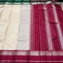 Premium Weave- Offwhite with Ganga Jamuna Korvai Zariless Handwoven Kanjivaram Silk Saree with rich borders classy pallu and contrast woven blouse