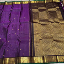 Deep Purple with Coffee Brown Buttas Handwoven Pure Jari Kanjivaram Silk Saree with beautiful buttas with green selvedges rich pallu and contrast woven blouse