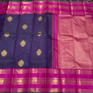 Deep Purplish Navy Blue with Pink Buttas Korvai with Varisaipet Borders Handwoven Pure Jari Kanjivaram Silk Saree Beauty