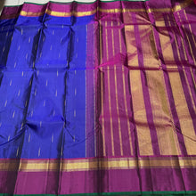 MS Blue with Deep Wine Mallimoggu with Spaced Borders and Green Selvedges Handwoven Pure Jari Kanjivaram Silk Saree Beauty