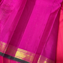 Nayaki- Orange with Pink Handwoven Pure Jari Kanjivaram Silk with Small borders with green selvedges with rich seer pallu and contrast woven blouse
