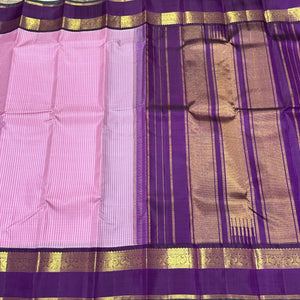 Pink and Purple Checks Handwoven Pure Jari Korvai Kanjivaram Silk Saree Beauty