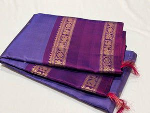 Lavenderish Blue with Purple Buttas with doublepet borders Handwoven Pure Kanjivaram Silk Saree with Single peacock pallu beauty