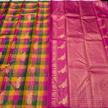 Saranga- Palum Pazhamum Checks with Buttas Vairaoosi Handwoven Pure Jari Borderless Kanjivaram Silk with rich pallu with Kalakshetra kili woven and contrast jari buttas woven blouse