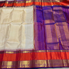 Ivory white with Purple and Orange Handwoven Pure Jari Korvai Kanjivaram Silk Saree with rich borders pallu and contrast woven blouse beauty