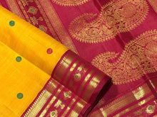 Vaibhogam-Gorgeous mustard with red handwoven pure jari Korvai Kanjivaram Silk with pattu buttas beautiful paithani style woven borders rich beautiful pallu and contrast woven blouse