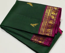 Sahana- Stunning Bottle Green with Deep Magenta Handwoven Pure Jari Rettaikili Buttas Handwoven Kanjivaram Silk with gorgeous Borders and Pallu woven with lot of details and contrast woven blouse