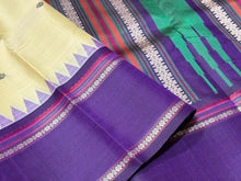 Offwhite with Deep Purple Buttas Handwoven Pure Zariless Premium Kanchipuram Silk Saree with Korvai temple borders