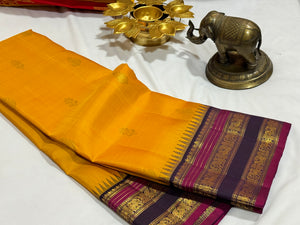 Golden Mustard with Deep Beetlenut Purple Buttas Korvai Handwoven Pure Jari with temple borders Kanjivaram Silk Saree Beauty