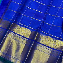 Vaibhogam-Gorgeous Peacock Blue Green with Royal Blue Handwoven Pure Jari Kanjivaram Silk Saree with Rettaikili motifs in Jari Checked body rich borders Pallu and Contrast woven blouse