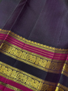 Golden Mustard with Deep Beetlenut Purple Buttas Korvai Handwoven Pure Jari with temple borders Kanjivaram Silk Saree Beauty