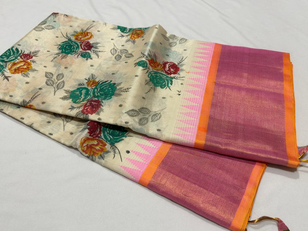 Offwhite with Peachish Orange Korvai with Handpinchwai Block Printed Kanjivaram Silkcotton Beauty