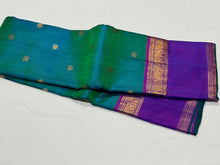 Peacock Bluish Green with Purple Buttas with Rettapet Borders Handwoven Pure Jari Kanjivaram Silk Saree Beauty