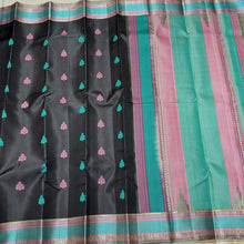Black with Grey with Multicolored Buttas Handwoven Pure Zariless Soft Kanjivaram Silk Saree Beauty