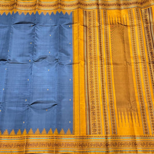Elephant Grey with Mustard Zariless Handwoven Pure Korvai Kanjivaram Silk Saree buttas with temple borders