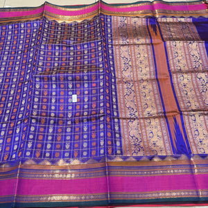 Royal Blue Pink 1000 Buttas in Gandaberundas Mayil Chakram motifs Handwoven Premium Kanjivaram Silkcotton Saree Beauty