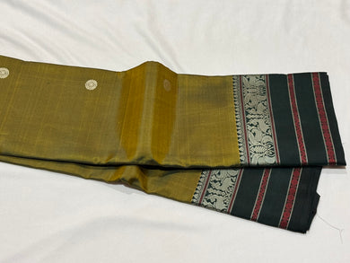 Premium Zariless Vintage Weave- Light Moss Green with Dark Bottle Green with 5 different buttis Sorgavasal Inspired Pallu in a rich Handwoven Zariless Pure Kanjivaram Silk Saree Beauty
